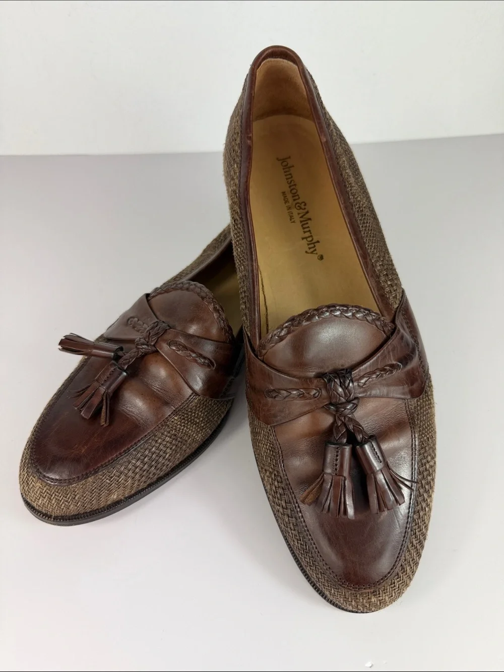 Johnston & Murphy Mens Brown Leather Tassel Loafers Italy Woven Size 9 M Shoes
